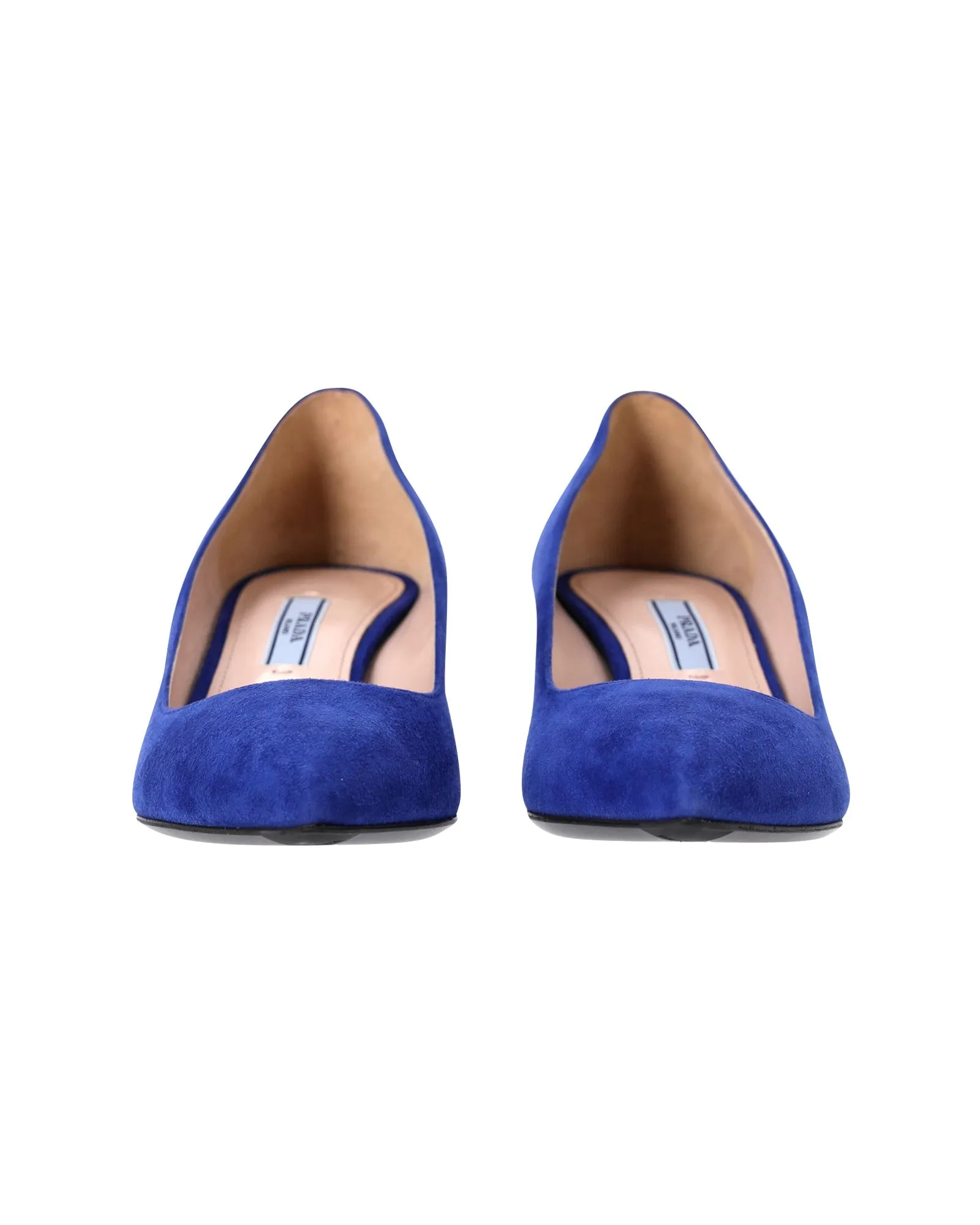 Prada Pointed Toe Kitten Heel Pumps in Blue Suede