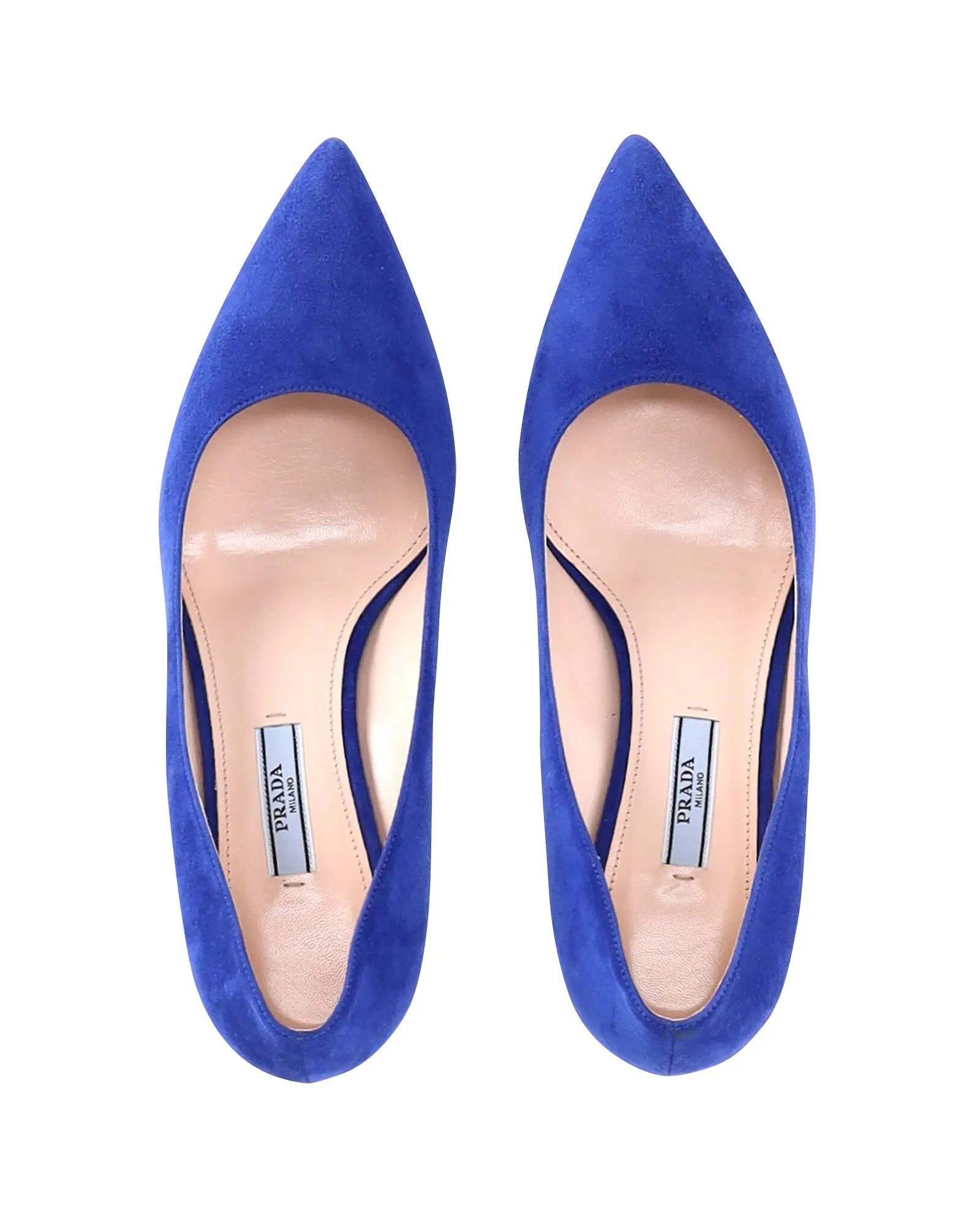 Prada Pointed Toe Kitten Heel Pumps in Blue Suede