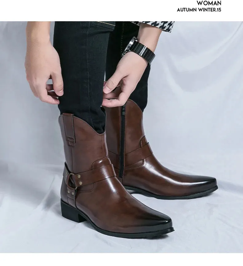 Riley Classy Harness Cowboy leather pointy boots Chelsea boots