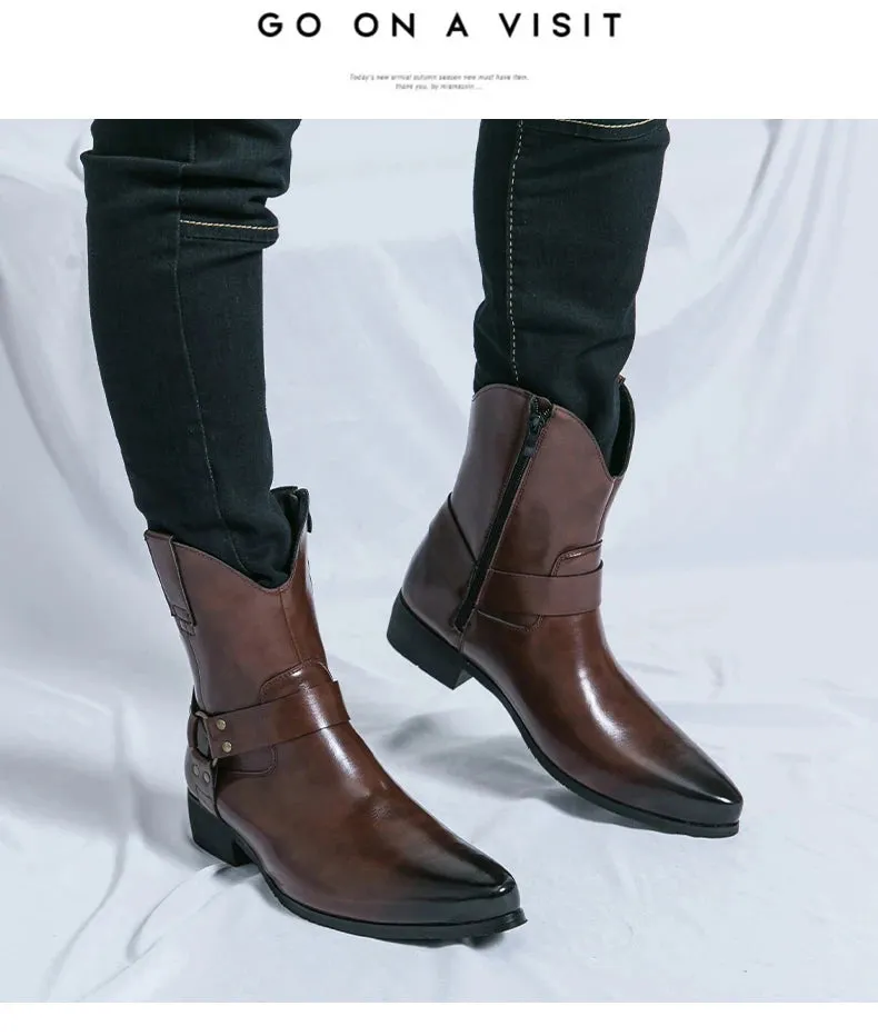 Riley Classy Harness Cowboy leather pointy boots Chelsea boots