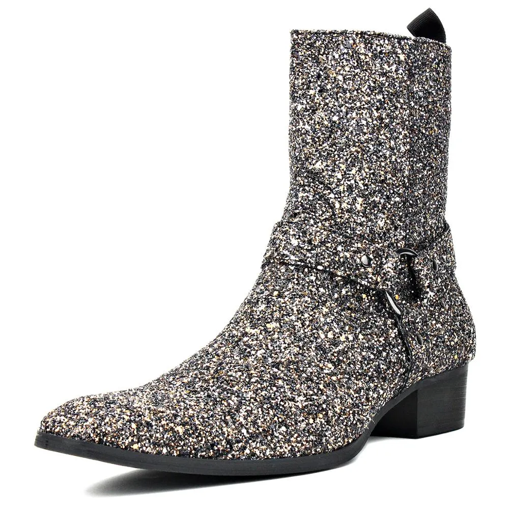 Silver Glitter Side Zipper Heel Chelsea Boots