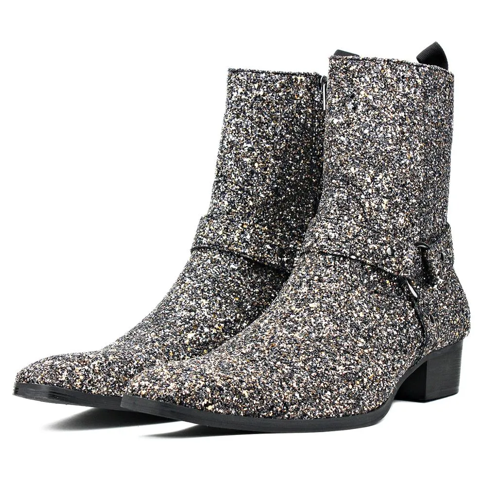 Silver Glitter Side Zipper Heel Chelsea Boots