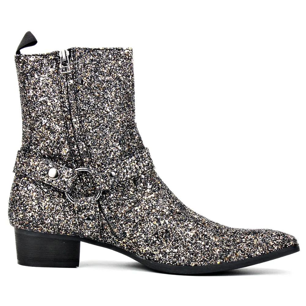 Silver Glitter Side Zipper Heel Chelsea Boots