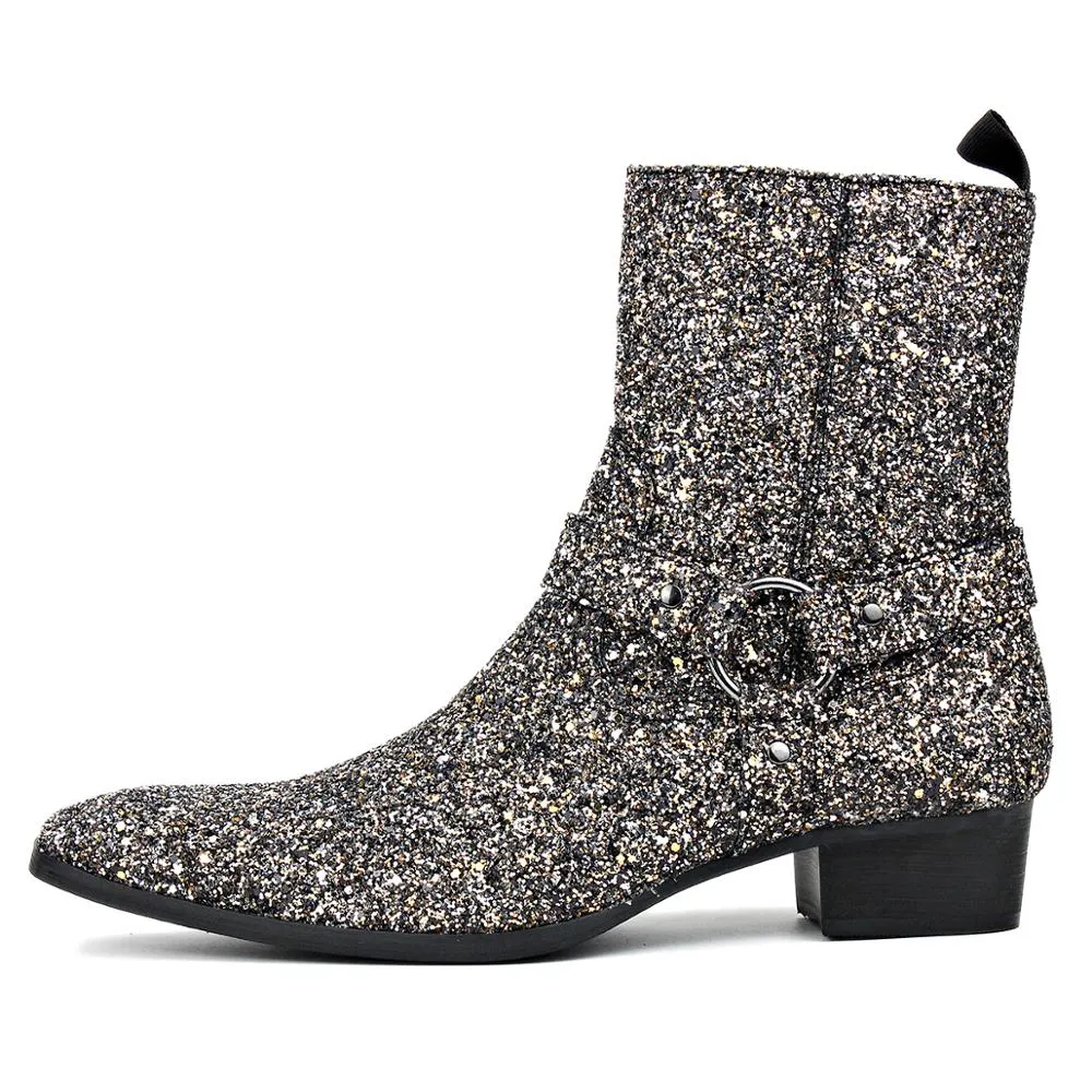 Silver Glitter Side Zipper Heel Chelsea Boots