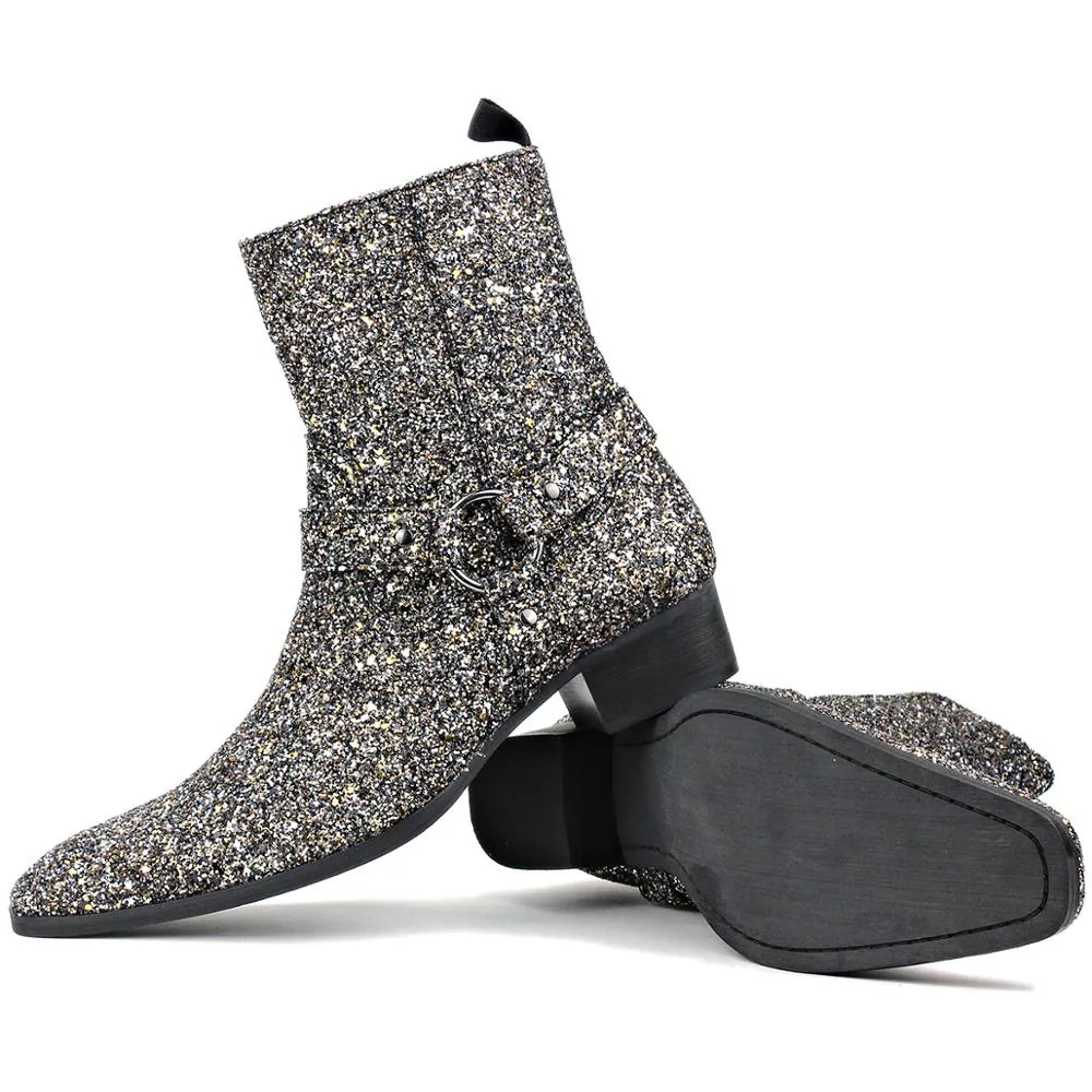 Silver Glitter Side Zipper Heel Chelsea Boots