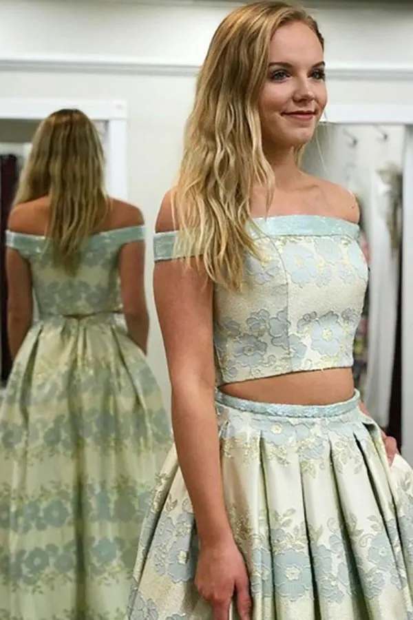 Two Piece Off-the-Shoulder Sweep Train Mint Printed Satin Prom Dress with Pockets LR124