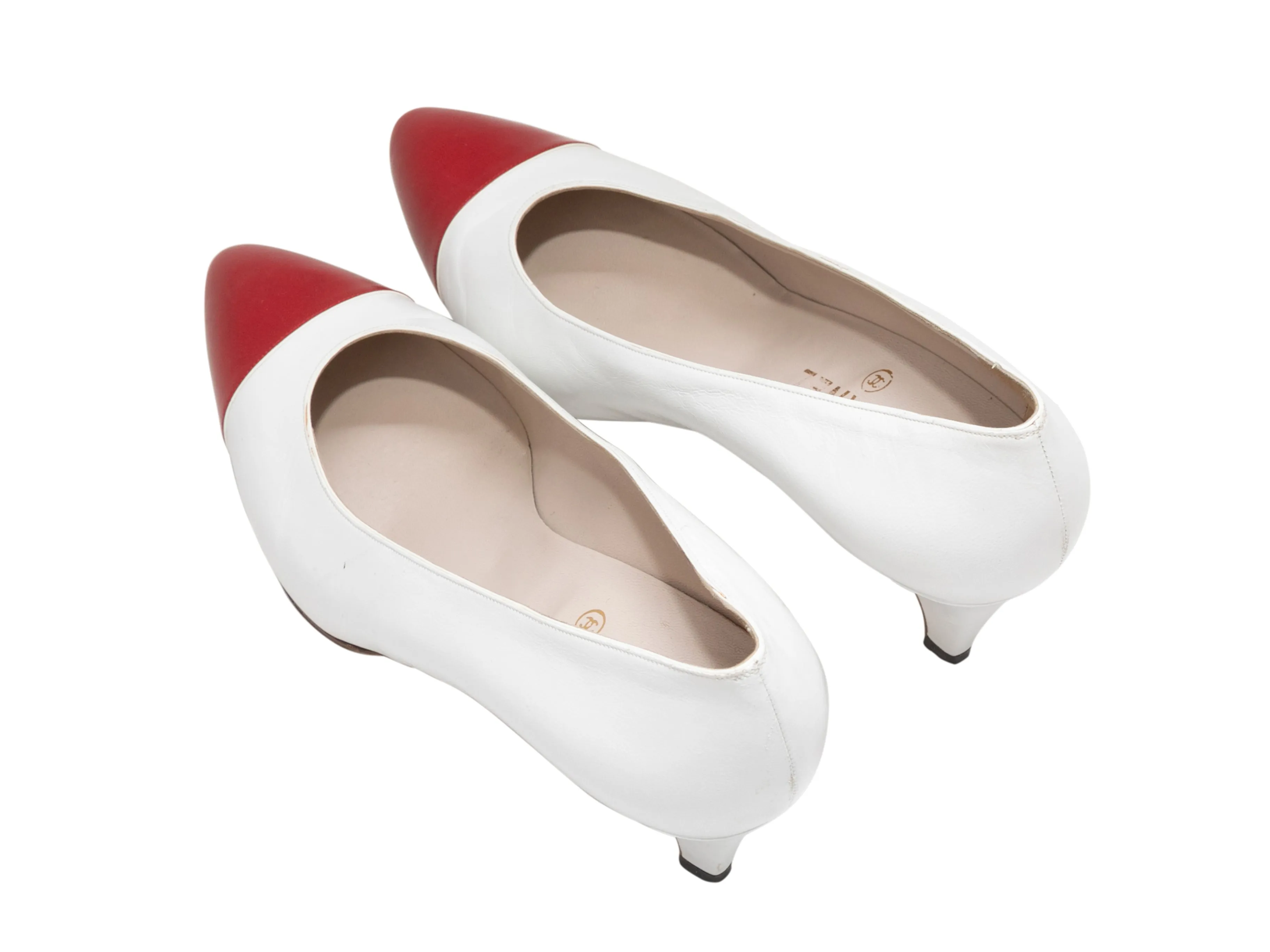 Vintage White & Red Chanel Pointed Cap-Toe Pumps Size 40