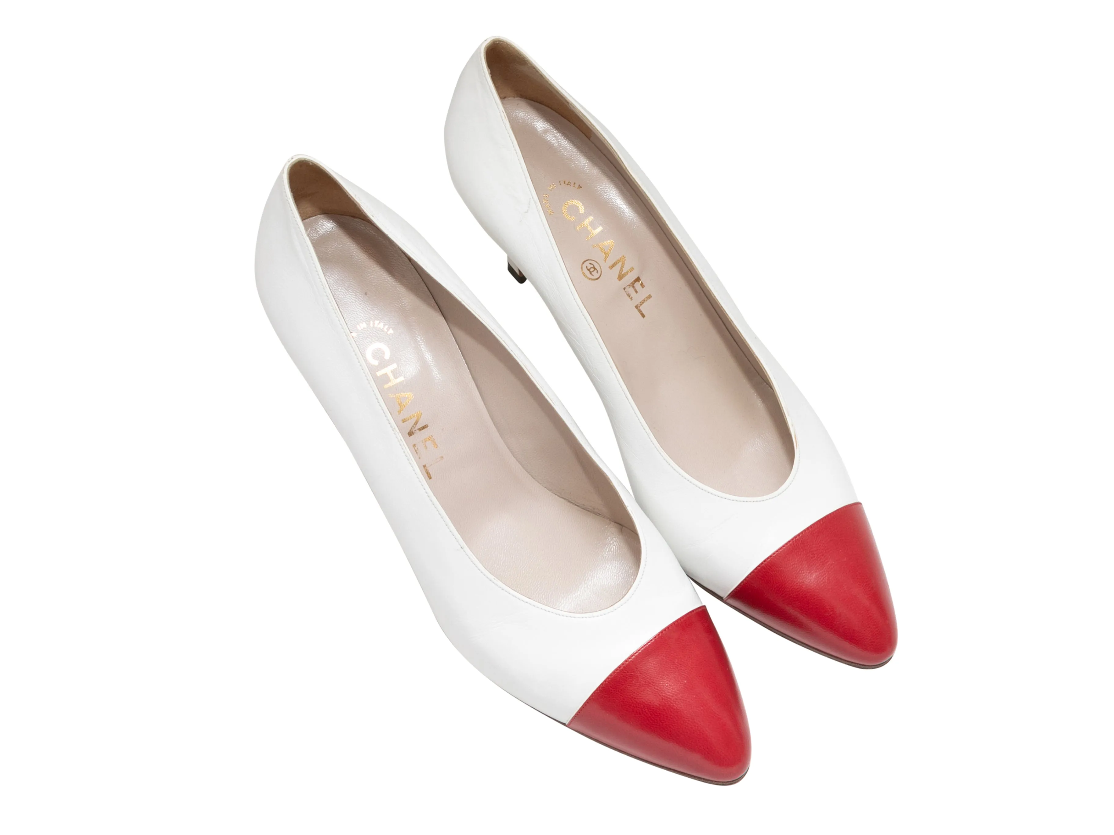 Vintage White & Red Chanel Pointed Cap-Toe Pumps Size 40