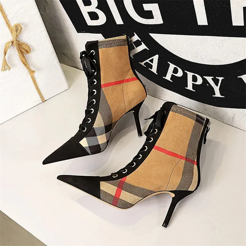 Winter Ankle Boots Slim High Heel Pointed Toe Plaid Lace-up Cross Strapping Boots