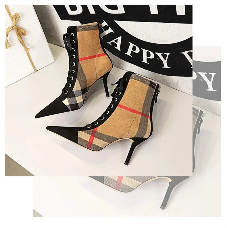 Winter Ankle Boots Slim High Heel Pointed Toe Plaid Lace-up Cross Strapping Boots