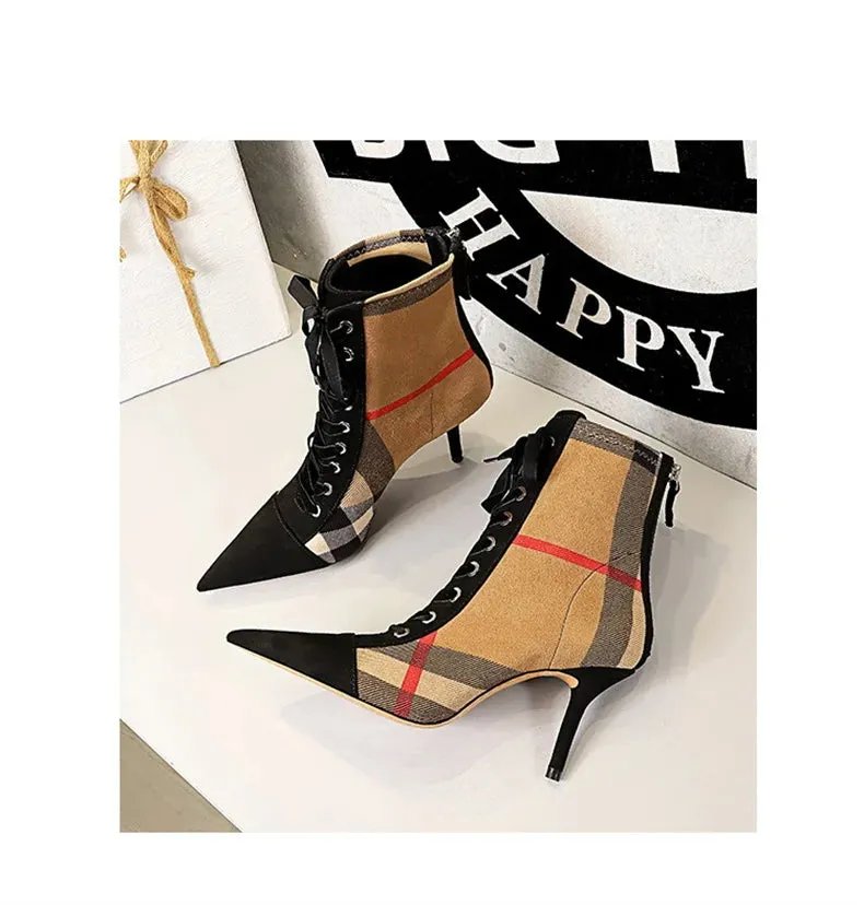 Winter Ankle Boots Slim High Heel Pointed Toe Plaid Lace-up Cross Strapping Boots