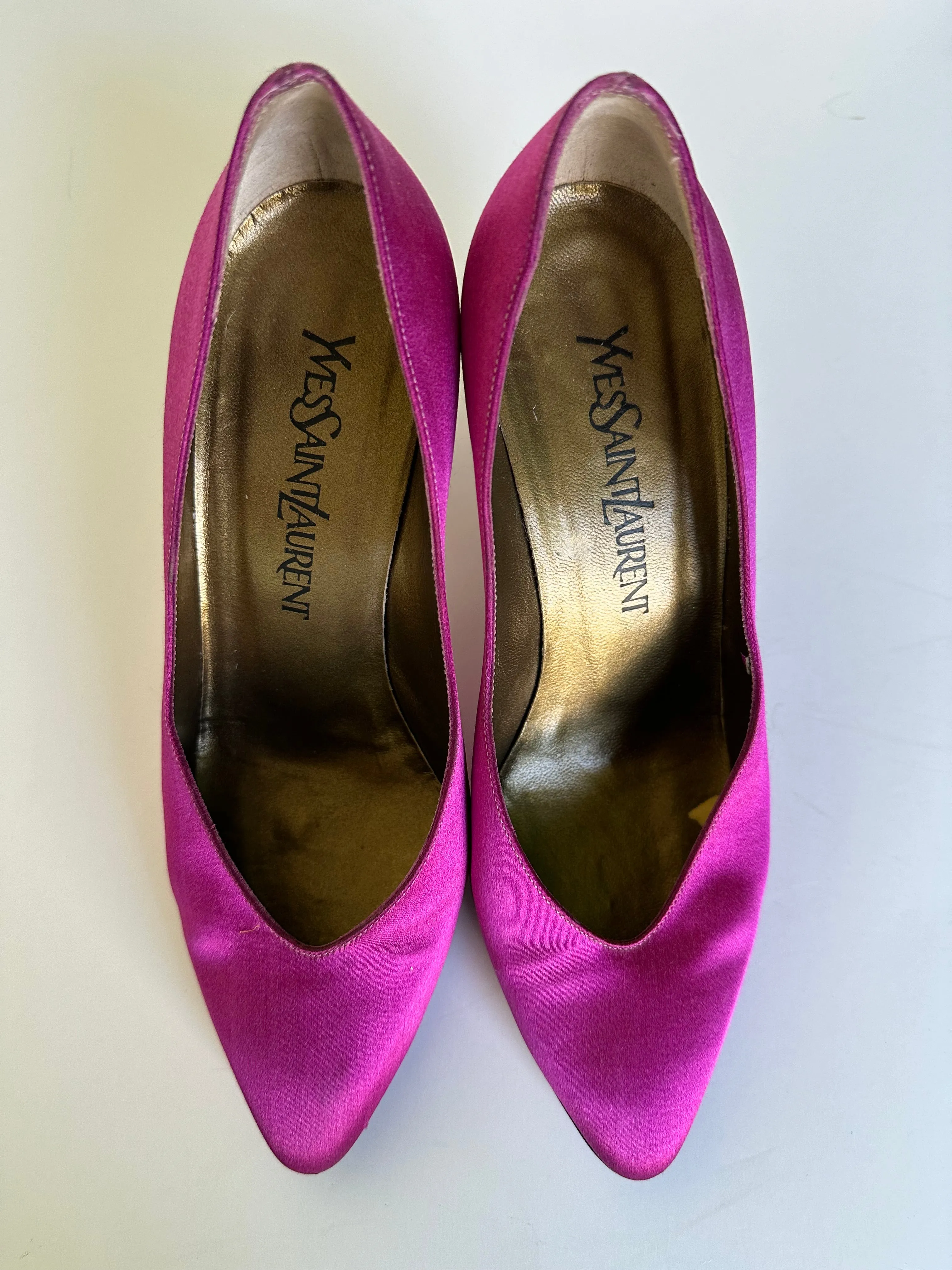 YVES SAINT LAURENT Vintage Pointed Toe Hot Pink Satin Pump~Size 7M- USED~Custom Dyed made in Italy