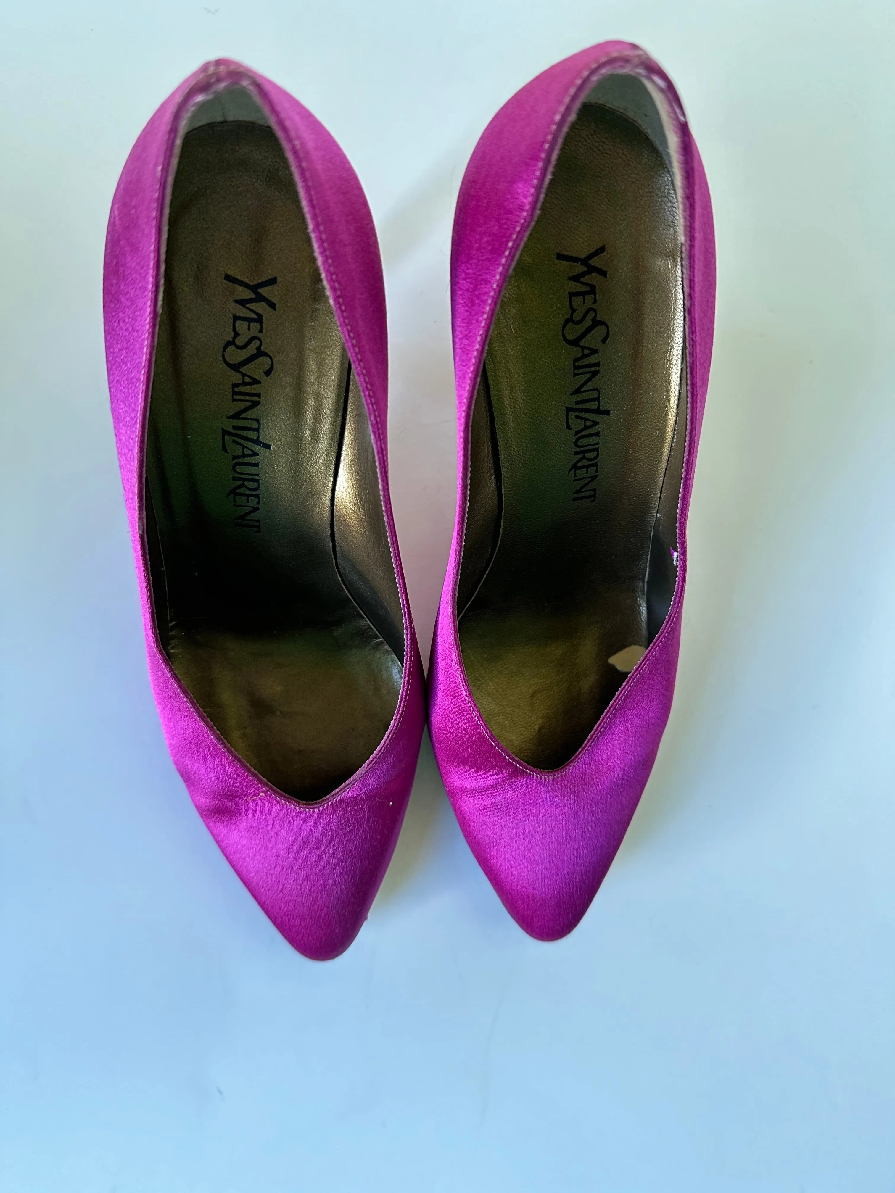 YVES SAINT LAURENT Vintage Pointed Toe Hot Pink Satin Pump~Size 7M- USED~Custom Dyed made in Italy